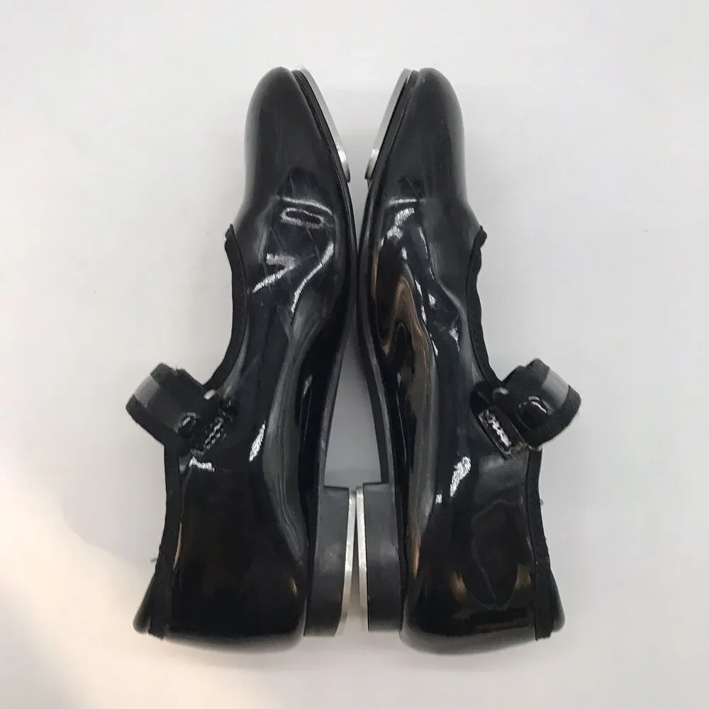 Danskin Freestyle Tap Dance Shoes Girls 13 Black Patent Leather Hook Loop Strap
